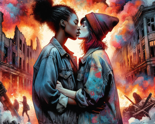 Women Kissing in Post-Apocalyptic Urban Chaos