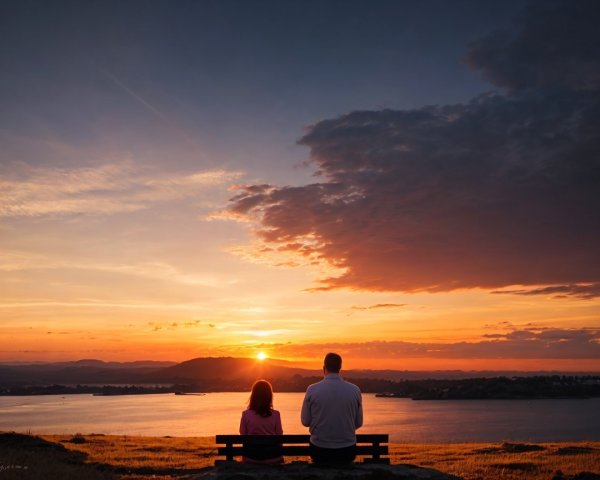 Serene Sunset Over Tranquil Water with Couple Silhouette