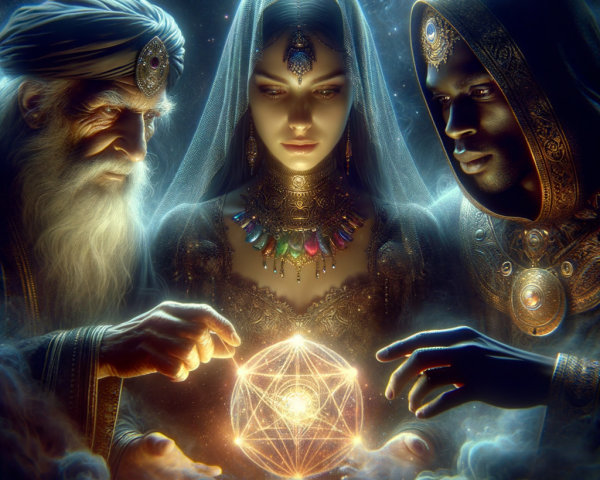 Gathering Around a Glowing Orb in a Mystical Setting