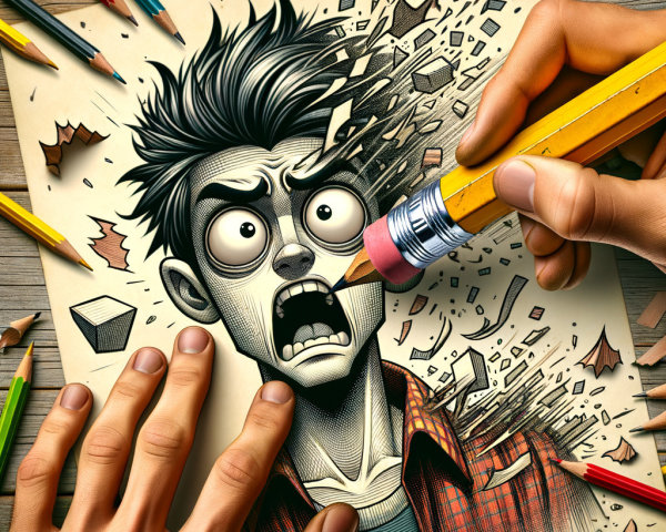 Young Boy Breaking Through Paper with Pencil Chaos