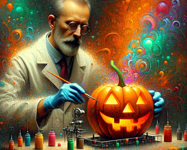 Whimsical Scientist Carving a Colorful Jack-o'-Lantern