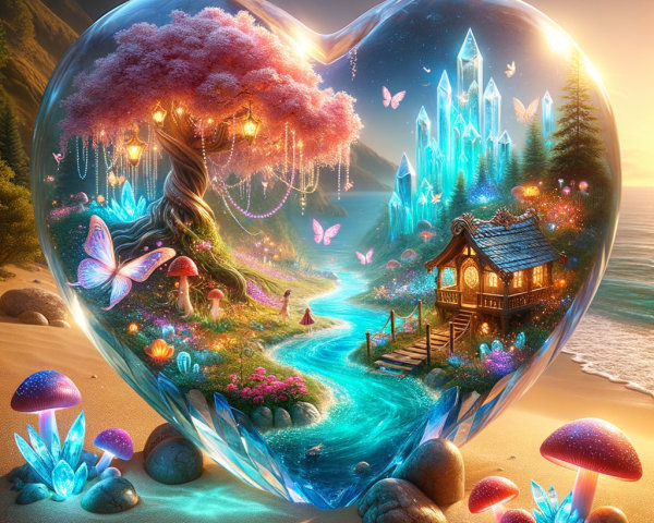 Whimsical Heart-Shaped Crystal Landscape Scene