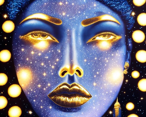 Cosmic Face Artwork with Blue Skin and Golden Accents