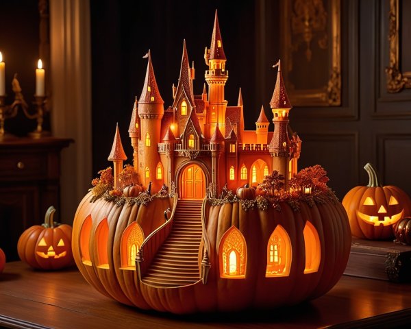 Whimsical Halloween Scene with Carved Pumpkin Castle
