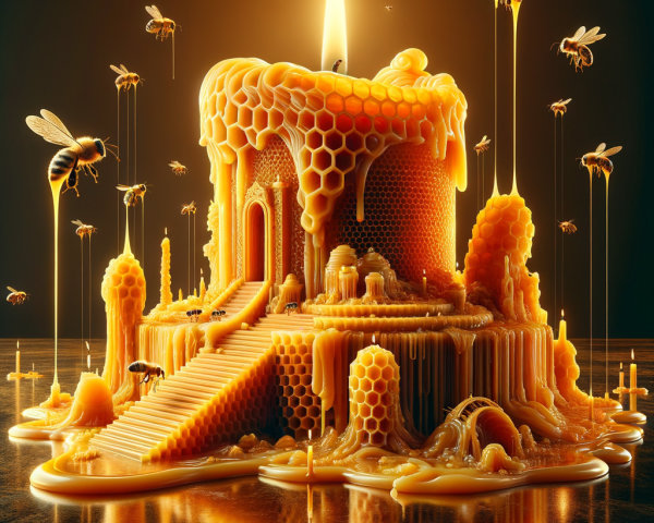Golden Beeswax Castle Candle with Bees and Warm Glow
