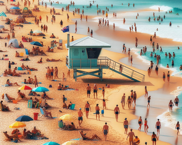 Vibrant Beach Scene with Sunbathers and Colorful Umbrellas