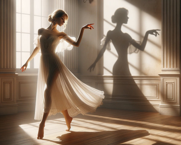 Elegant dancer in white dress in softly lit room