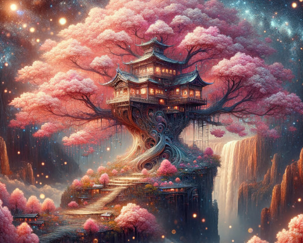 Majestic tree with pink blossoms in a mystical landscape
