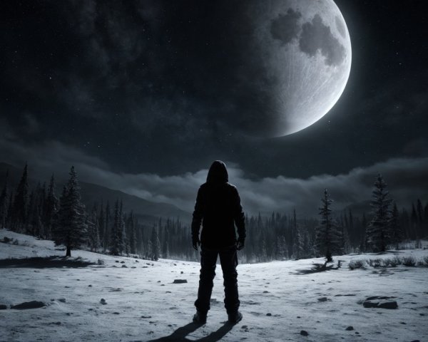 Silhouette in Snowy Landscape Under Night Sky