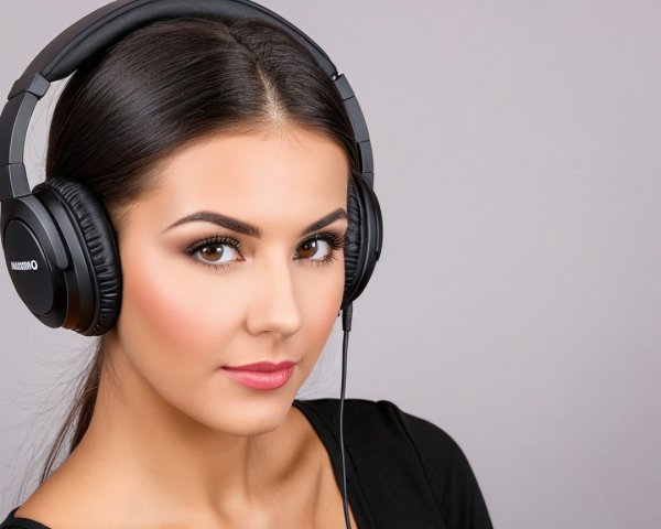 Young woman in headphones with calm expression and makeup