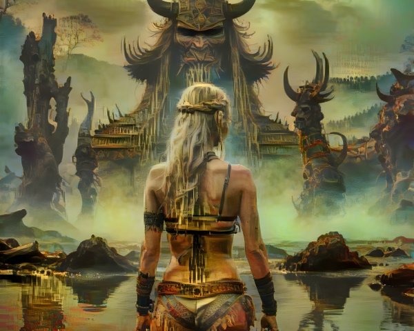 Warrior Woman and Mythical Giant in Surreal Landscape