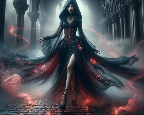 Mysterious Figure in Dark Gown in Ancient Cathedral