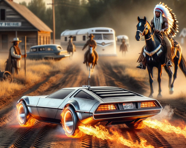 Futuristic Car and Native American Warrior in Landscape