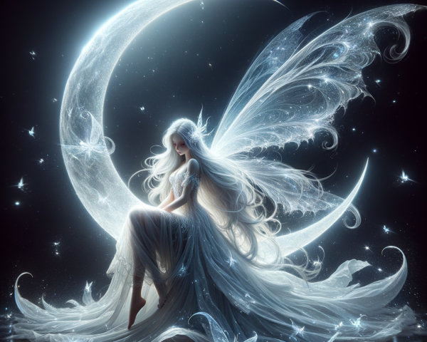 Celestial Fairy on Crescent Moon with Ethereal Wings