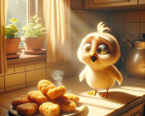 Fluffy Chick in Sunlit Kitchen with Chicken Nuggets