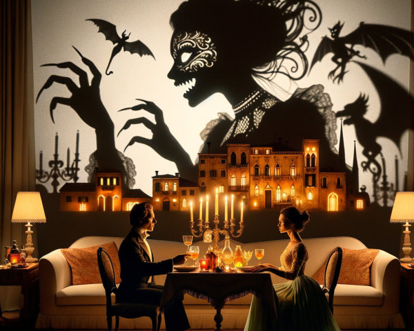Couple at a Candlelit Table with Gothic Shadow Play