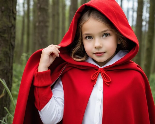 Young girl in red cape in a lush forest setting