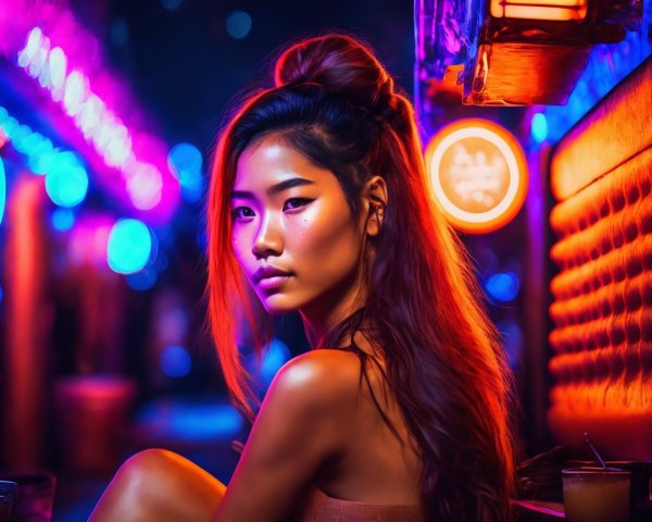 Stylish Woman in Neon Urban Nightlife Setting