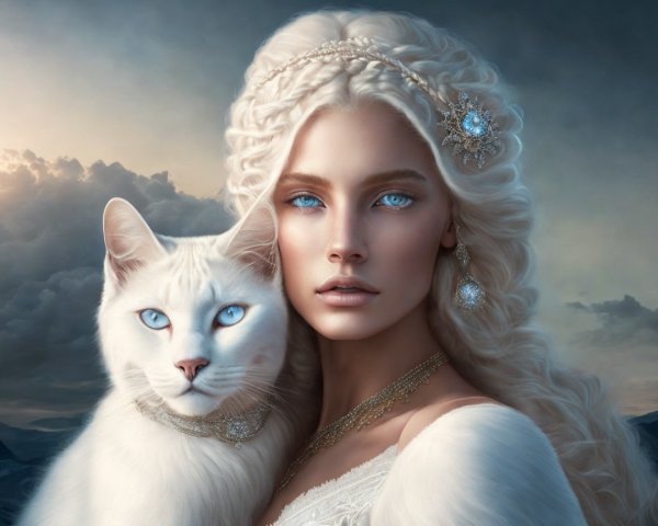Dreamlike Landscape with Elegant Woman and White Cat