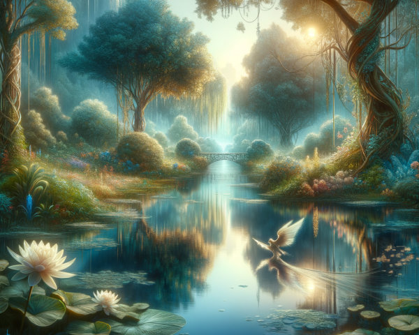 Tranquil River Landscape with Lush Greenery and Flowers