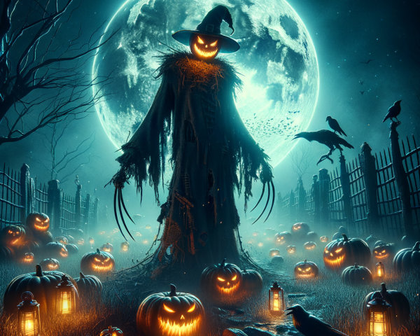 Haunting Graveyard with Sinister Scarecrow and Pumpkins