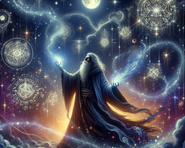Mystical Figure in Cosmic Scene with Glowing Energy
