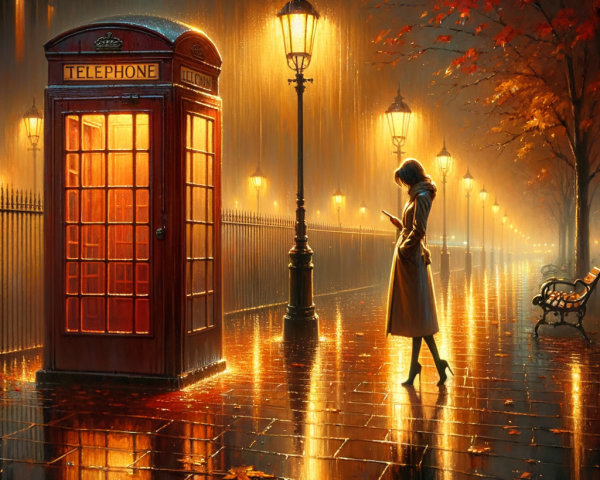 Lone Figure Under Streetlamp on Rainy Night Scene
