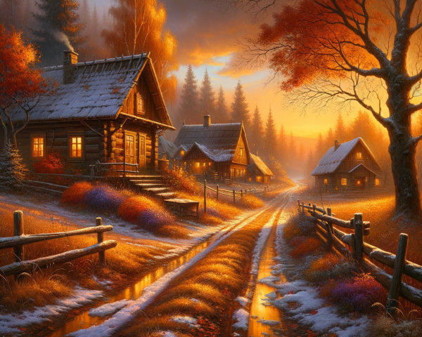 Tranquil Autumn Scene with Cottages and Vibrant Trees