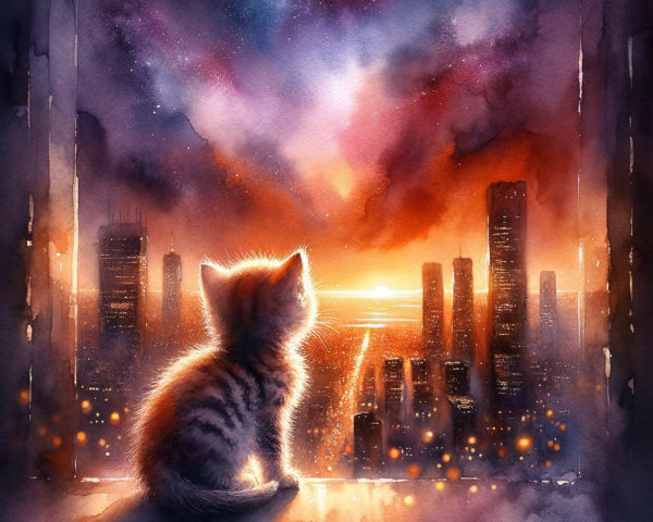 Fluffy Kitten on Windowsill with Sunset Skyline View