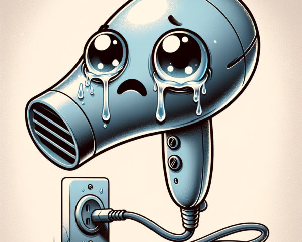 Cartoonish Hairdryer with Sad Eyes and Tears