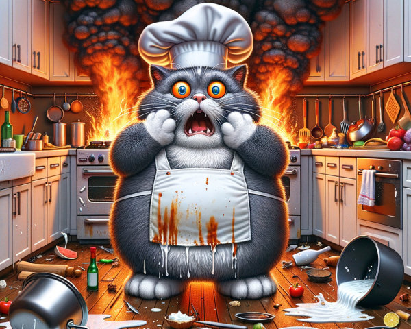 Fluffy Cat in Chef's Hat Amidst Kitchen Chaos