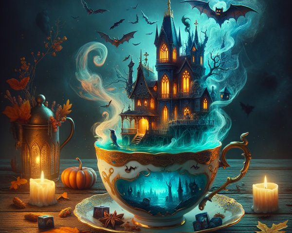 Whimsical Teacup with Miniature Haunted Castle Scene