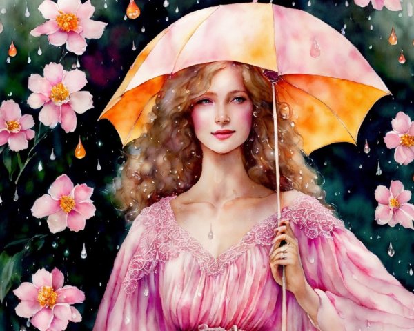 Woman with Curly Hair and Pink Umbrella in Flowers