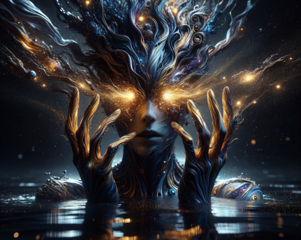 Cosmic Entity with Glowing Features in Mystical Setting