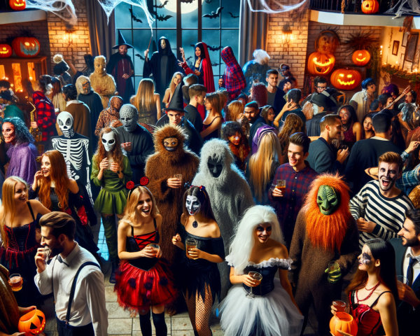 Halloween Party with Costumes and Spooky Decorations