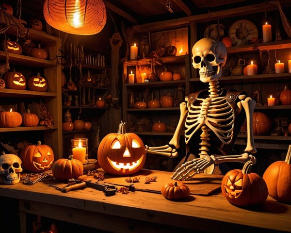 Rustic Halloween Scene with Skeleton and Pumpkins