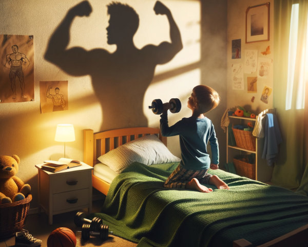 Young Boy Lifting Dumbbell in Cozy Room Setting
