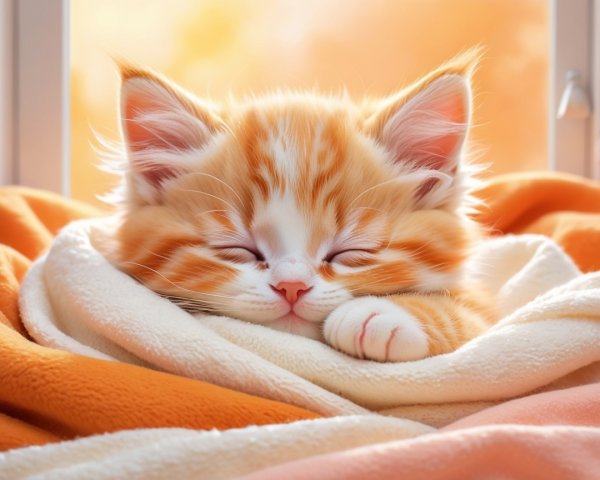 Fluffy Orange Tabby Kitten Sleeping in Cozy Blanket
