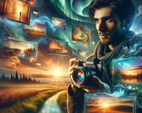 Young Man with Camera by Tranquil Riverside Scene