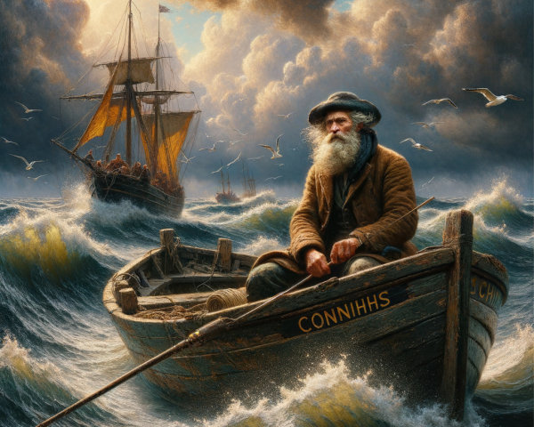 Fisherman Rowing in Turbulent Waves with Ship Background