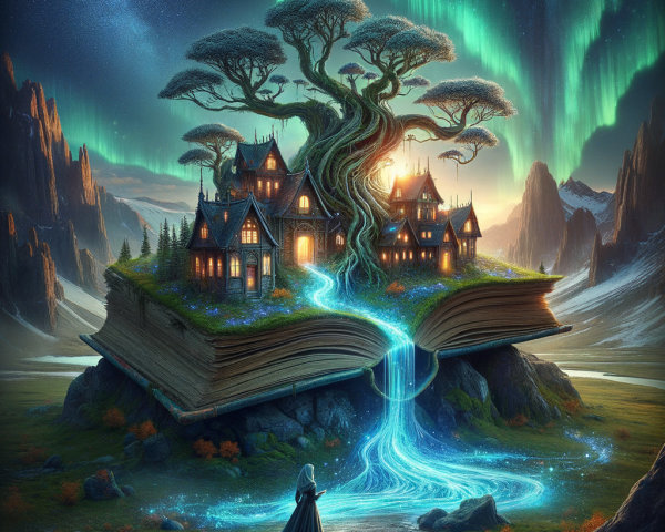 Colossal Book with Tree, Houses, and Aurora Sky