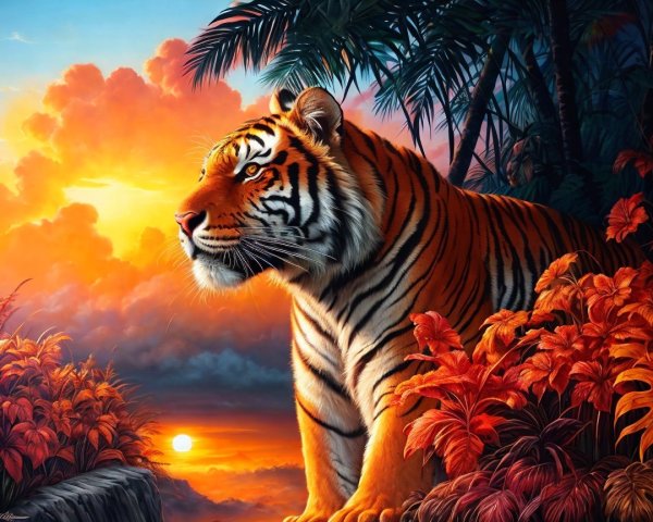 Tiger Against Vibrant Sunset and Lush Foliage