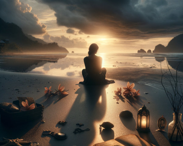 Serene Beach at Sunset with Contemplative Figure
