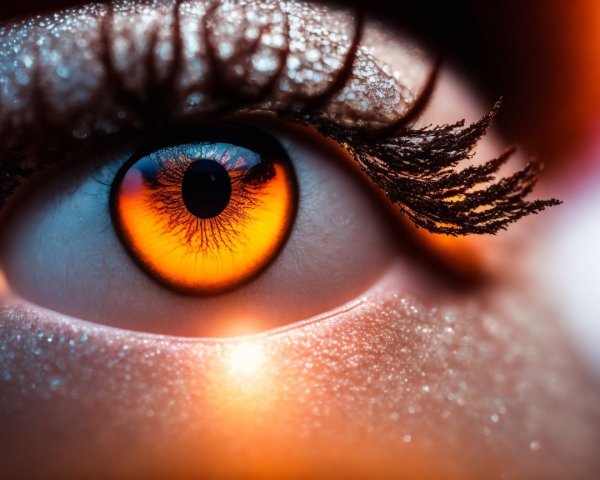 Close-up of an eye with orange hues and glitter