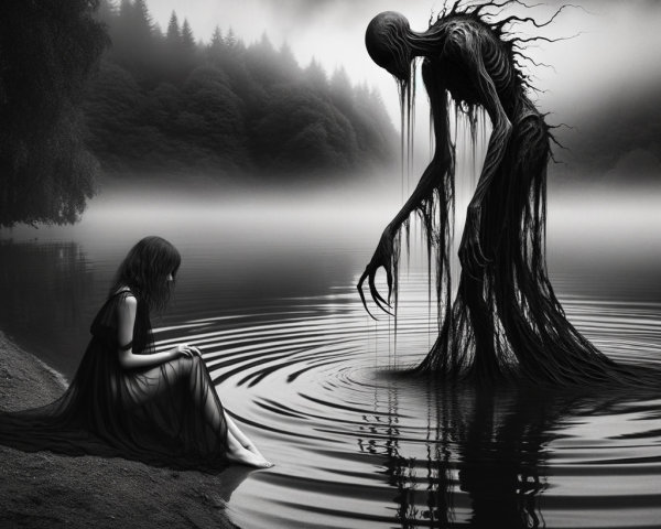Eerie Black and White Scene by Misty Lake
