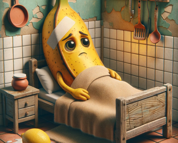 Whimsical Kitchen Scene with Sad Cartoon Banana
