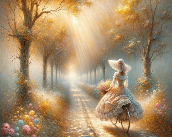 Woman in Vintage Dress Biking on Sunlit Path