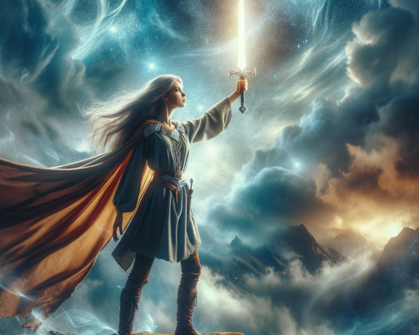Warrior with Glowing Sword on Rocky Outcrop at Night