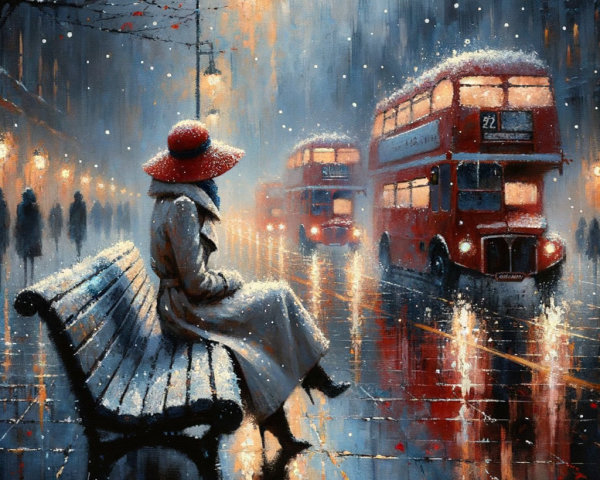 Winter Scene with Woman, Buses, and Snowflakes