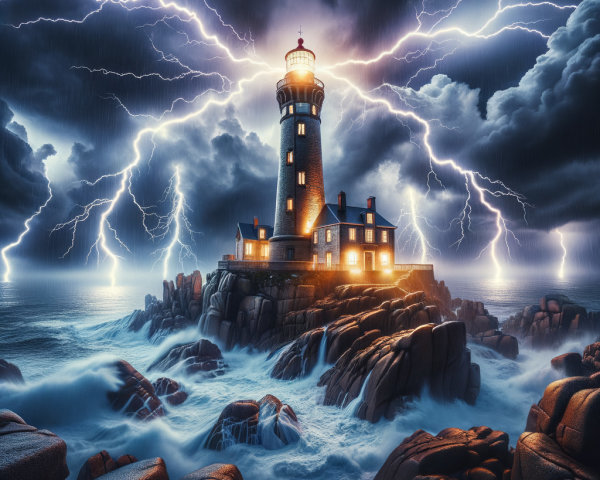 Majestic lighthouse amidst stormy waves and lightning